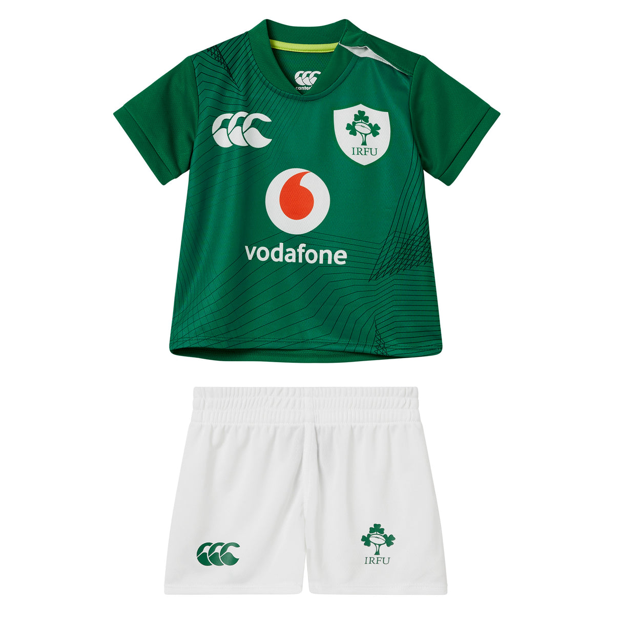 Infant Ireland 26/27 Home Kit Pack by Canterbury, featuring the official Canterbury home design with green rugby jersey displaying logos and white shorts, shown on a plain background.