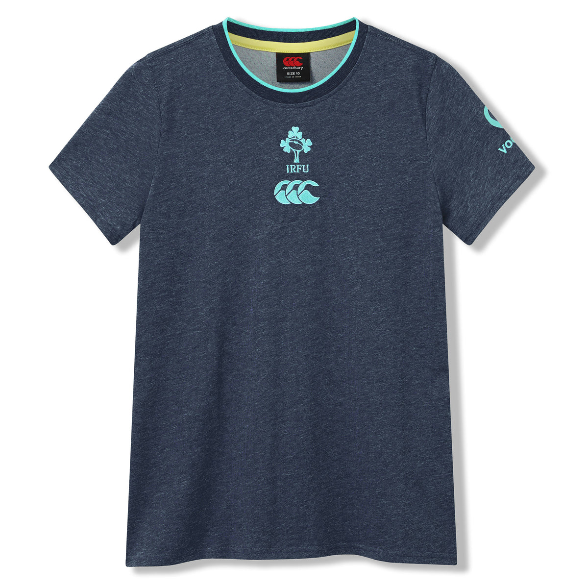 The Women’s Ireland 26 Cotton T-shirt by Canterbury is a navy blue short-sleeve women’s cotton rugby shirt featuring IRFU and Canterbury logos on the chest and a turquoise “Vodafone” logo on the left sleeve, shown against a white background.
