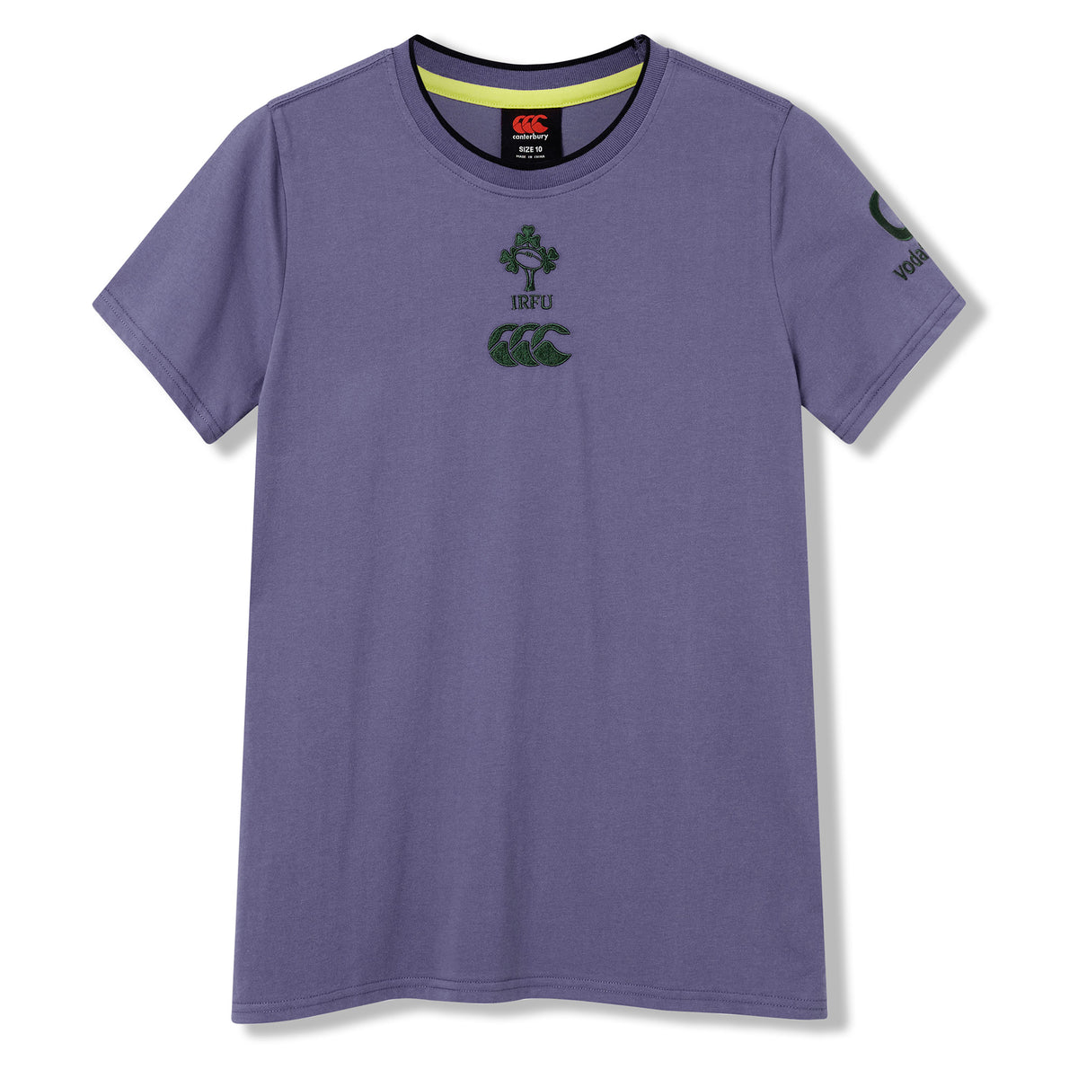 The Women’s Ireland 26 Cotton T-shirt by Canterbury is a purple short-sleeve cotton t-shirt for women, featuring the Ireland Rugby Football Union and Canterbury logos on the chest and sleeve, displayed laid flat on a white background.