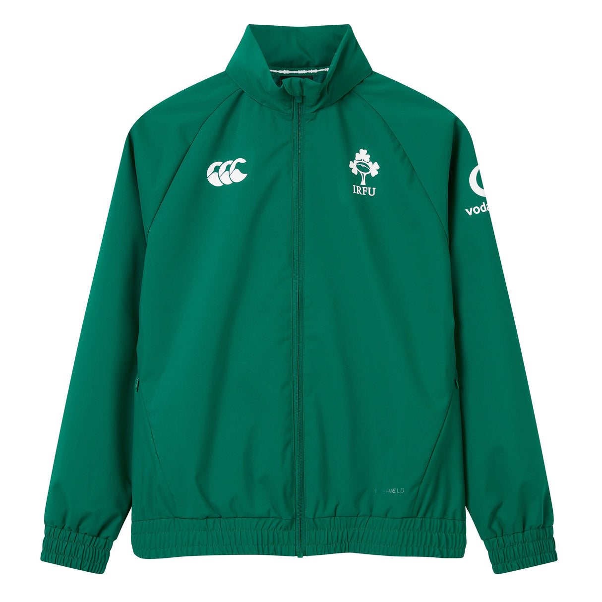 Show your support with the Women’s Ireland 26 Anthem Jacket by Canterbury—a stylish green zip-up sports jacket featuring Ireland rugby logos on the chest and sleeve, elastic cuffs and hem, and a high collar.