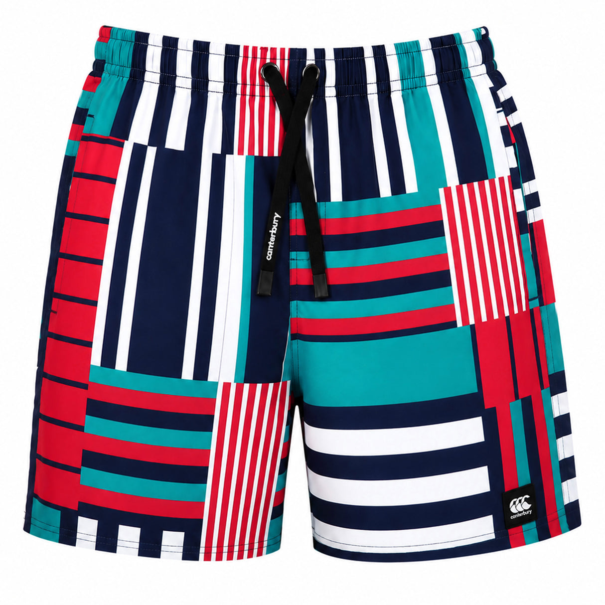 The Canterbury Uglies Awning Short features a bold patchwork of blue, red, white, and teal stripes and rectangles, a black drawstring, and a small logo near the hem—part of the Canterbury Uglies collection.