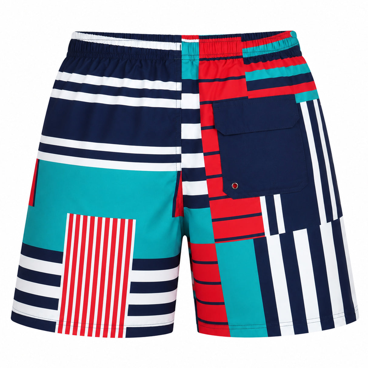 Canterbury Uglies Awning Short by Canterbury: men's swim trunks with a geometric patchwork in red, teal, navy, and white, featuring an elastic waistband and back pocket.