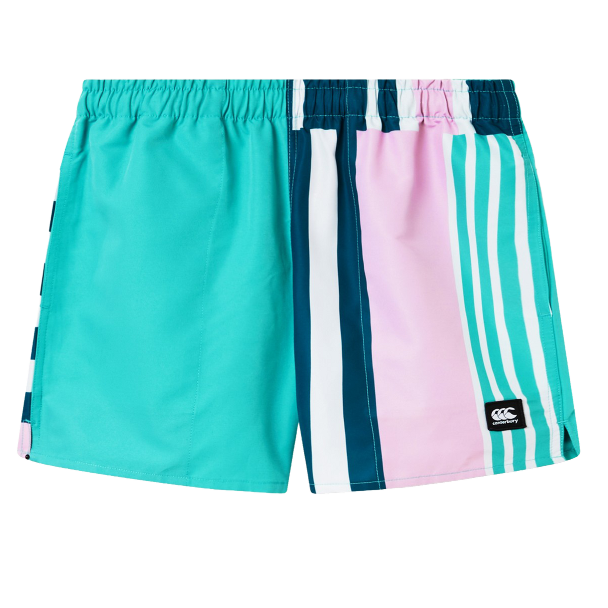 Canterbury Women's Uglies Harletic Shorts with elastic waistband, bold solid teal on one side and vibrant stripes on the other, feature a black logo patch near the hem and are inspired by classic Harletic durability.