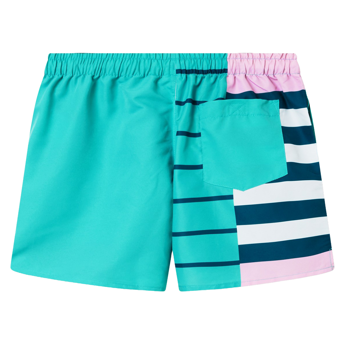 Canterbury Women's Canterbury Uglies Harletic Short: Durable athletic-inspired shorts with a turquoise left side, right side featuring navy, white, and turquoise stripes plus a pink accent, and a turquoise back pocket.
