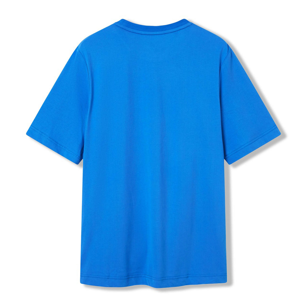 The Canterbury Tempo+ GFX Training T-Shirt by Canterbury, a plain blue short-sleeve tee ideal for gym sessions or rugby training, is displayed flat from the back on a white background.