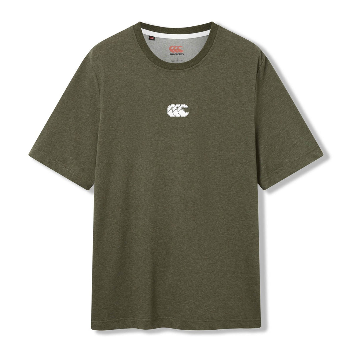 The Canterbury Tempo+ GFX Training T-Shirt in olive green features short sleeves and a small white Canterbury logo on the chest, shown against a white background. This lightweight gym shirt is ideal for everyday wear or as a dependable rugby training t-shirt.
