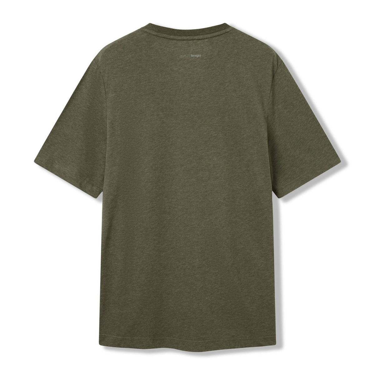 Back view of a plain, short-sleeve Canterbury Tempo+ GFX Training T-Shirt in olive green, laid flat against a white background.