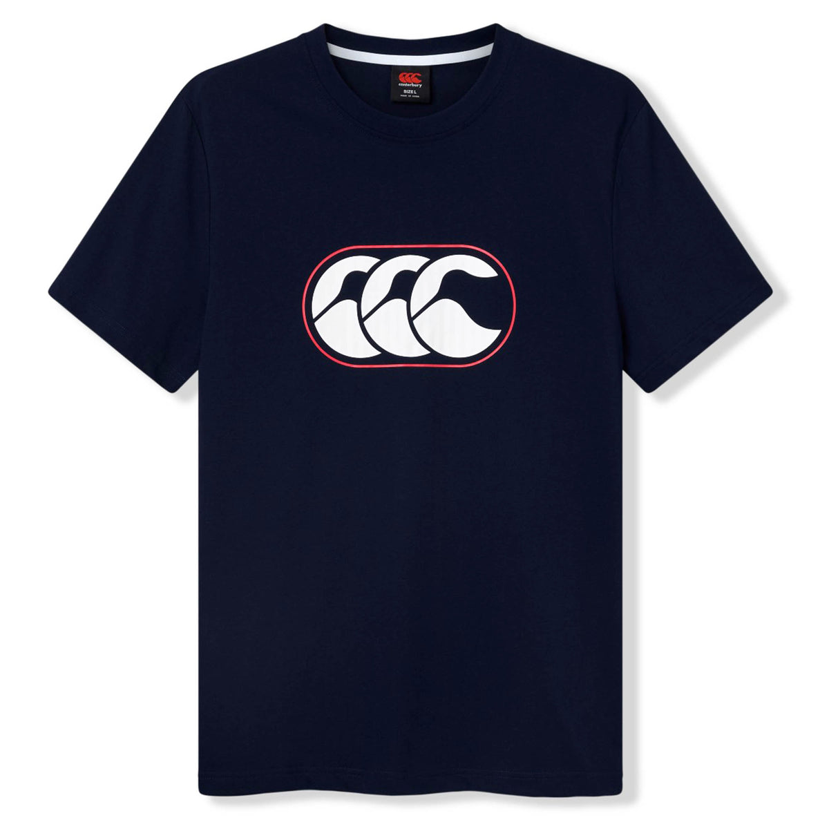 Canterbury Rakaia 2.0 T-shirt in navy blue, featuring a white and red wave-like logo centered on the chest, inspired by classic New Zealand rugby apparel.