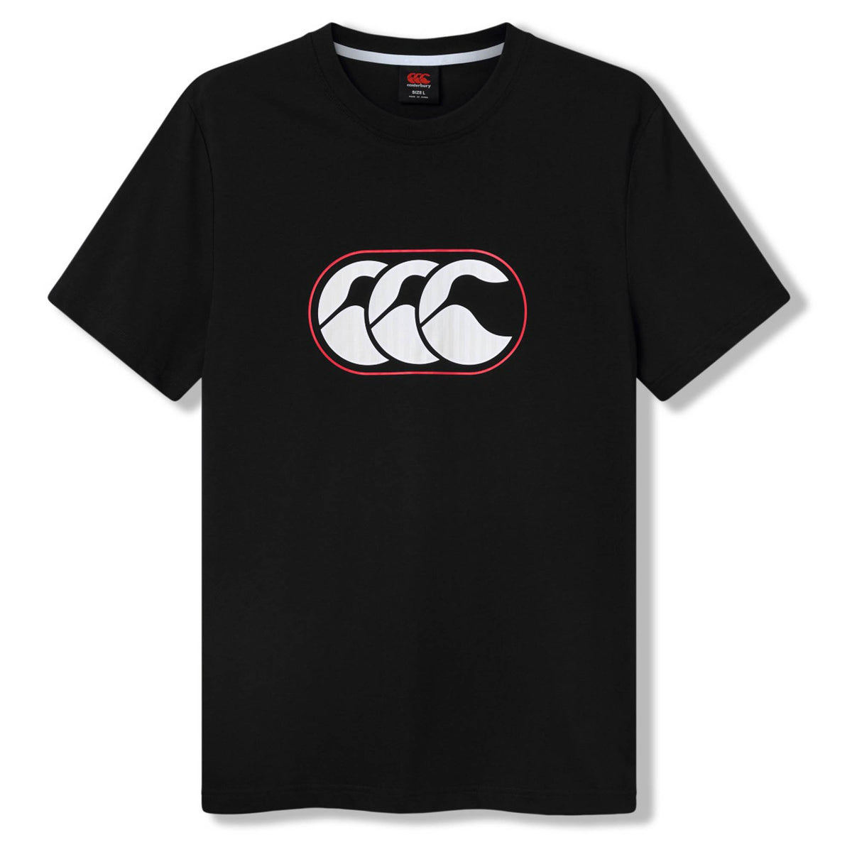 The Canterbury Rakaia 2.0 T-shirt is a classic piece of New Zealand rugby apparel, featuring a black short-sleeve design with a white stylized Canterbury (CCC) logo outlined in red, centered on the chest and inspired by the iconic Canterbury rugby shirt.