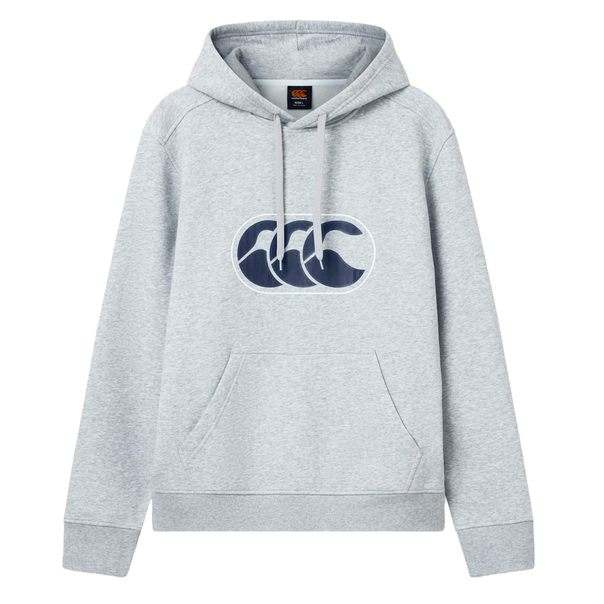 The Canterbury Rakaia 2.0 Hoodie by Canterbury is a light grey hooded sweatshirt featuring a front kangaroo pocket and a dark blue graphic of three stylized waves or C-shaped curves on the chest, inspired by the classic Canterbury rugby hoodie style.