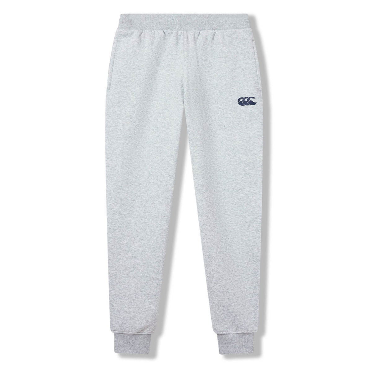 The Canterbury Rakaia 2.0 Fleece Pant by Canterbury features a light grey design with side pockets, an elastic waistband and ankle cuffs, plus a subtle dark blue logo on the left thigh—making these comfortable men’s track pants ideal for casual wear.