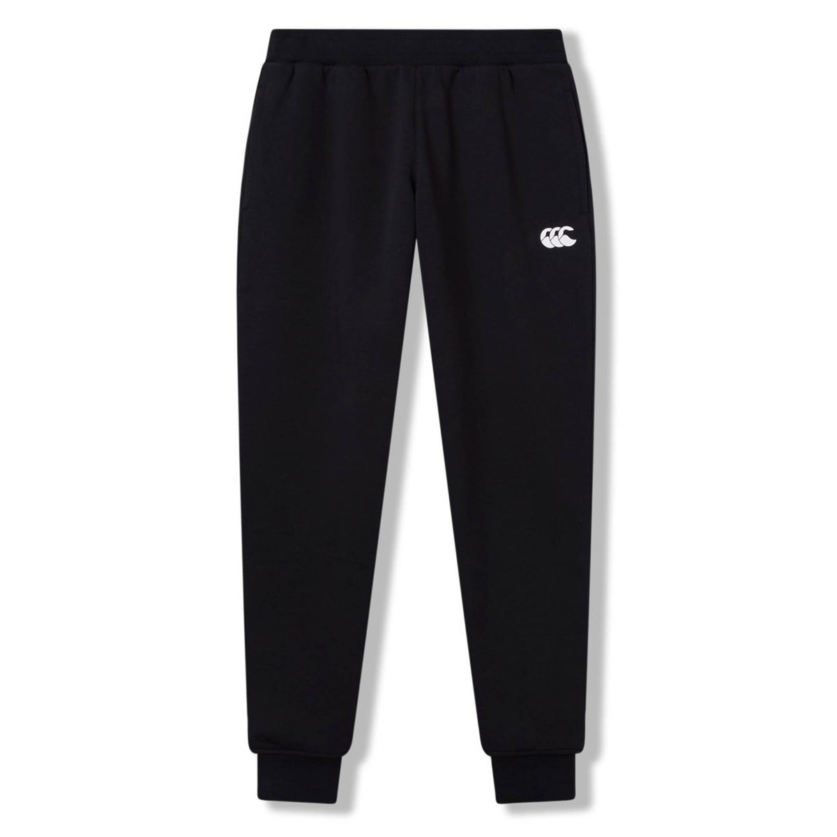 Black Canterbury Rakaia 2.0 Fleece Pants with elastic waistband and cuffs, featuring a small white Canterbury logo on the left thigh, displayed on a white background—perfect men’s track pants for comfort and style.
