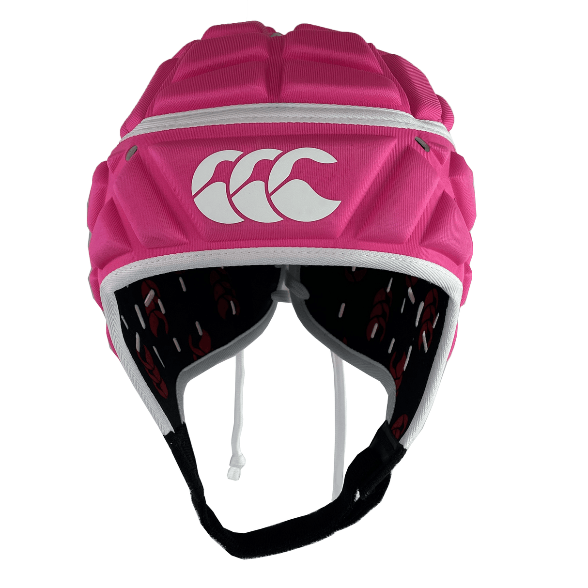The Canterbury Raze LE Headguard by Canterbury is a pink rugby scrum cap featuring shock-absorbing padding and a standout white logo on the front.