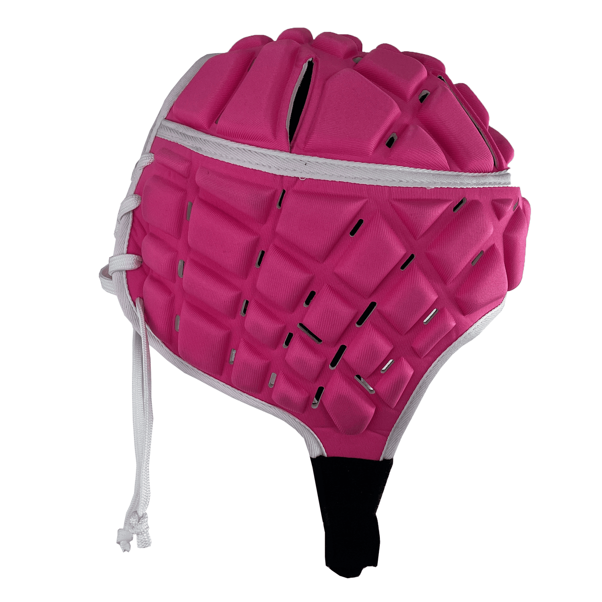 The Canterbury Raze LE Headguard by Canterbury is a pink padded sports helmet with shock-absorbing padding, black ventilation slits, and white side laces.