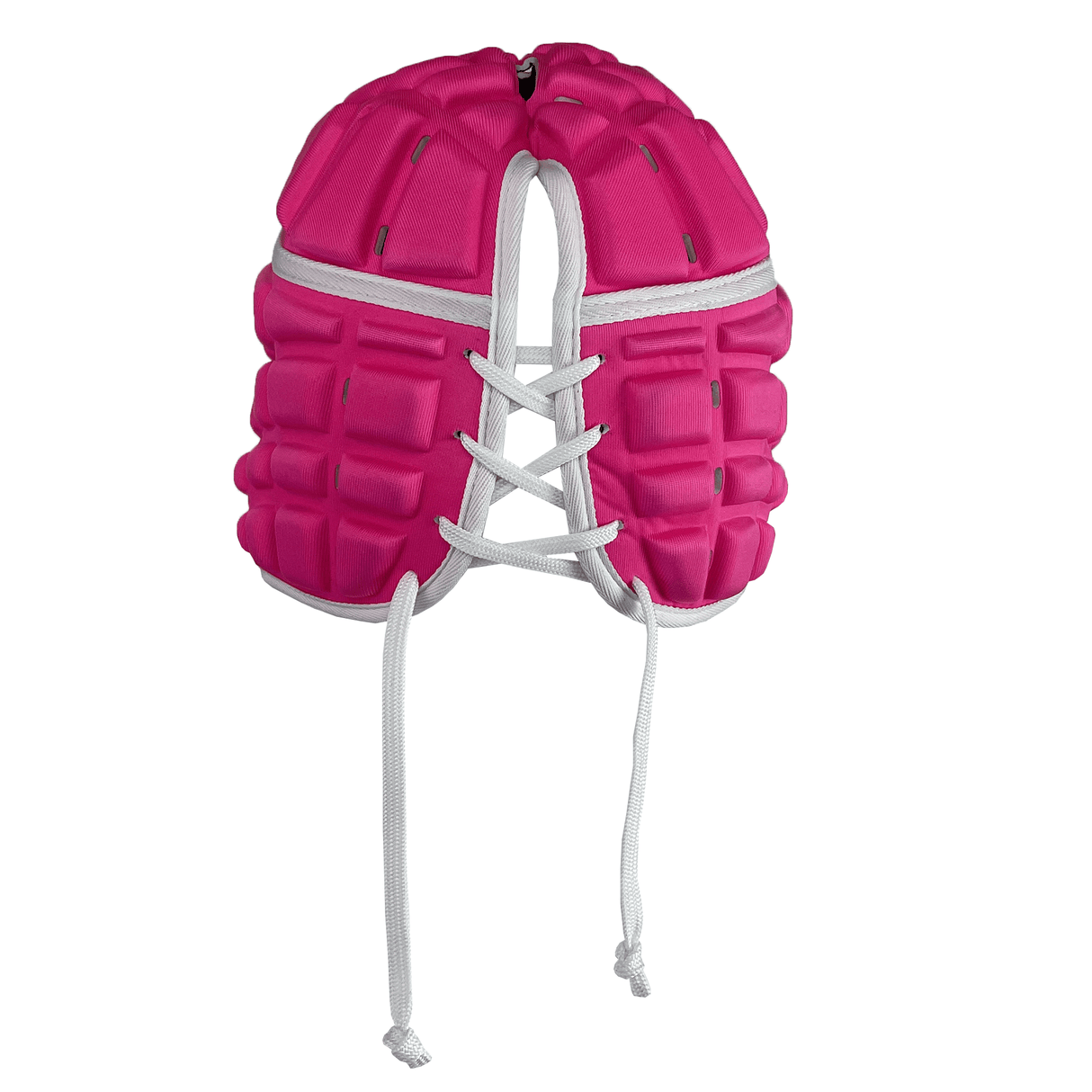 The Canterbury Raze LE Headguard by Canterbury is shown against a white background, highlighting its pink protective padding and shock-absorbing features, with a white lace-up front featuring two dangling strings.