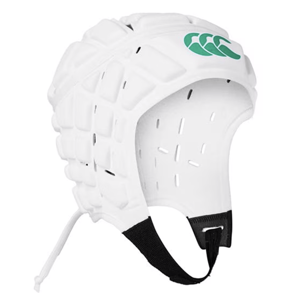 The Raze LE Headguard by Canterbury H125 in white features a green logo, square padding, and a secure chin strap. With 360° padding and shock-absorbing EVA foam, it ensures top-notch field protection.