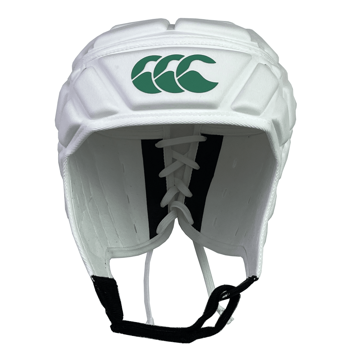 The Canterbury Raze LE Headguard by Canterbury H125 sports white shock-absorbing padding, a green logo on the front, black straps, and ventilation holes for comfort.