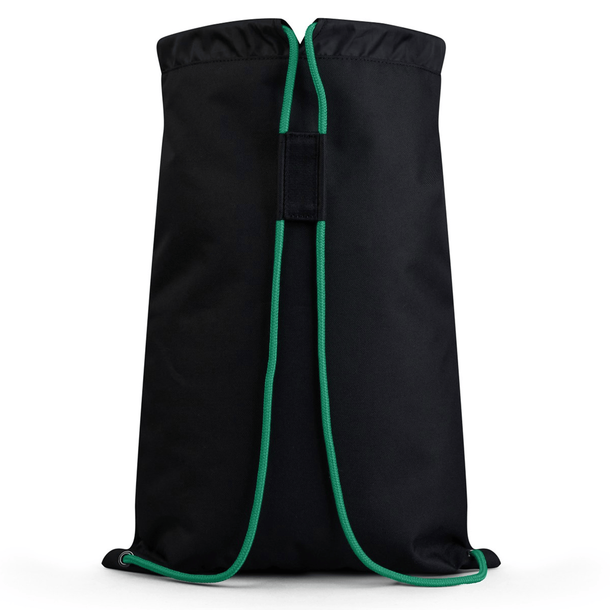 The Ireland 25/26 Gym Sack by Canterbury is shown upright against a white background, featuring black fabric with green cords and a central handle—perfect for any Irish Rugby supporter.
