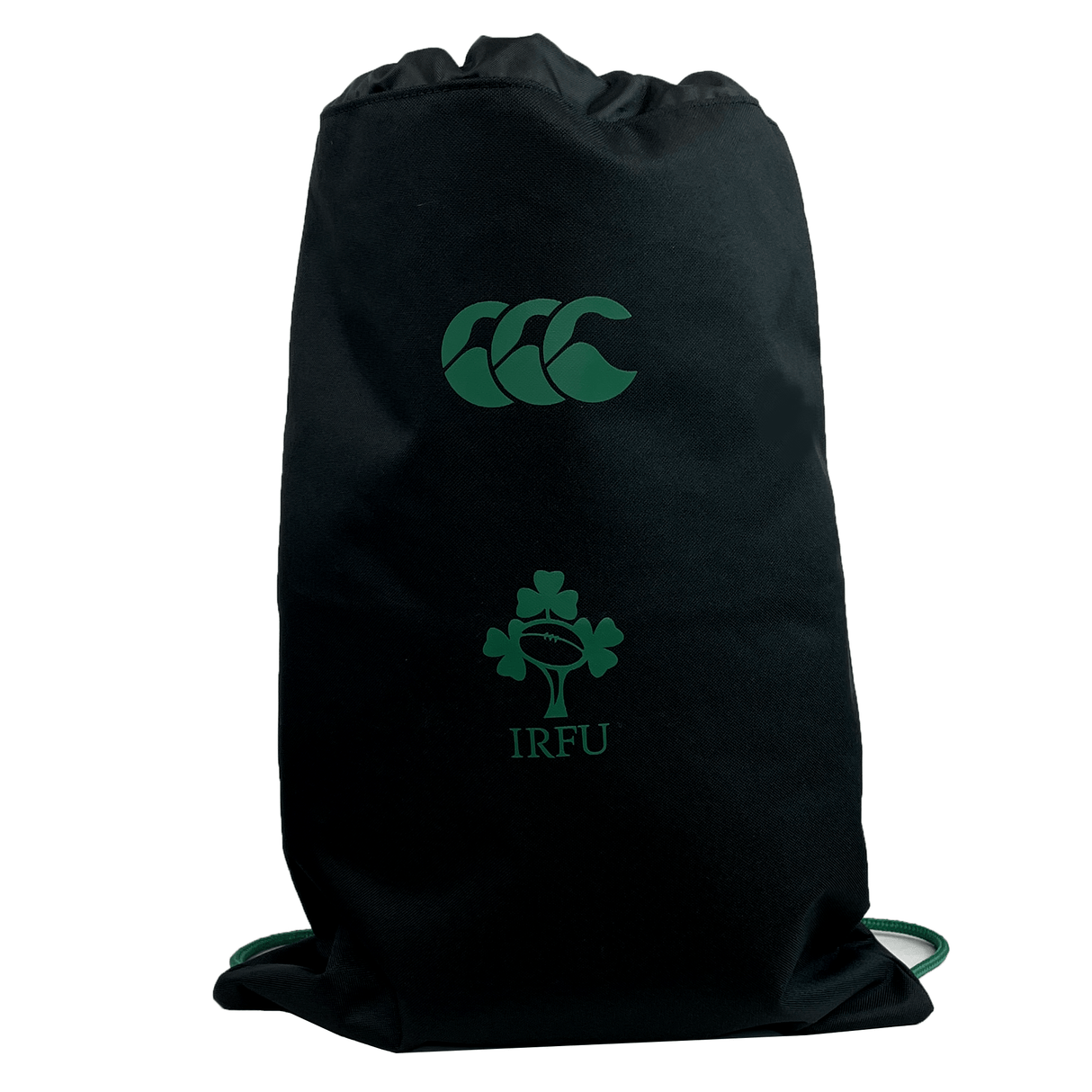 Show your support with the Ireland 25/26 Gym Sack by Canterbury—a black drawstring bag featuring the CCC logo and the Irish Rugby shamrock in green on the front.