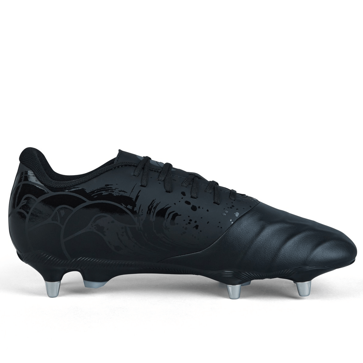 The Canterbury Phoenix Genesis Team SG - Black/Silver Metallic soccer cleat showcases a sleek design, equipped with laces for fastening and four metal studs on the sole.