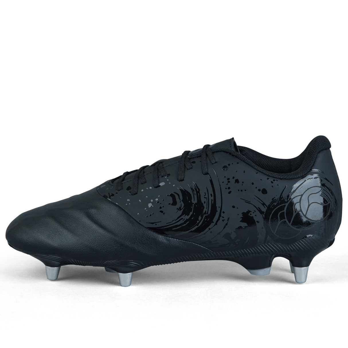 A Canterbury Phoenix Genesis Team SG - Black/Silver Metallic rugby boot by Canterbury, showcasing a sleek black and silver metallic swirl design with metal studs on the sole, displayed against a white background.