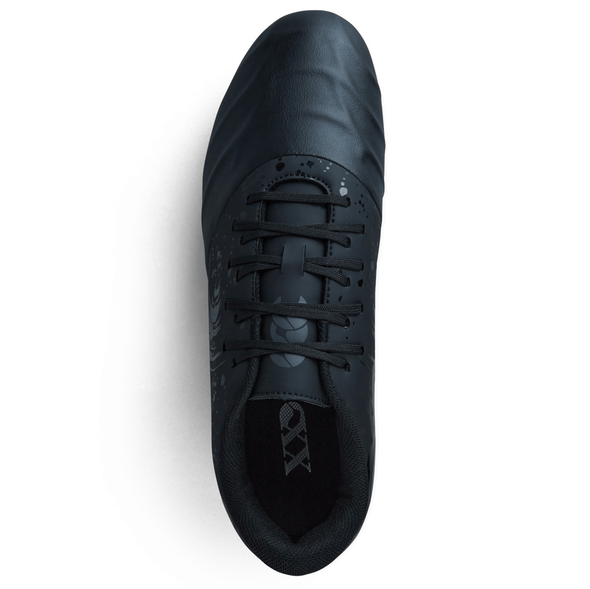 Top view of the Canterbury Phoenix Genesis Team SG - Black/Silver Metallic athletic shoe with black laces, minimalist design, and smooth finish.