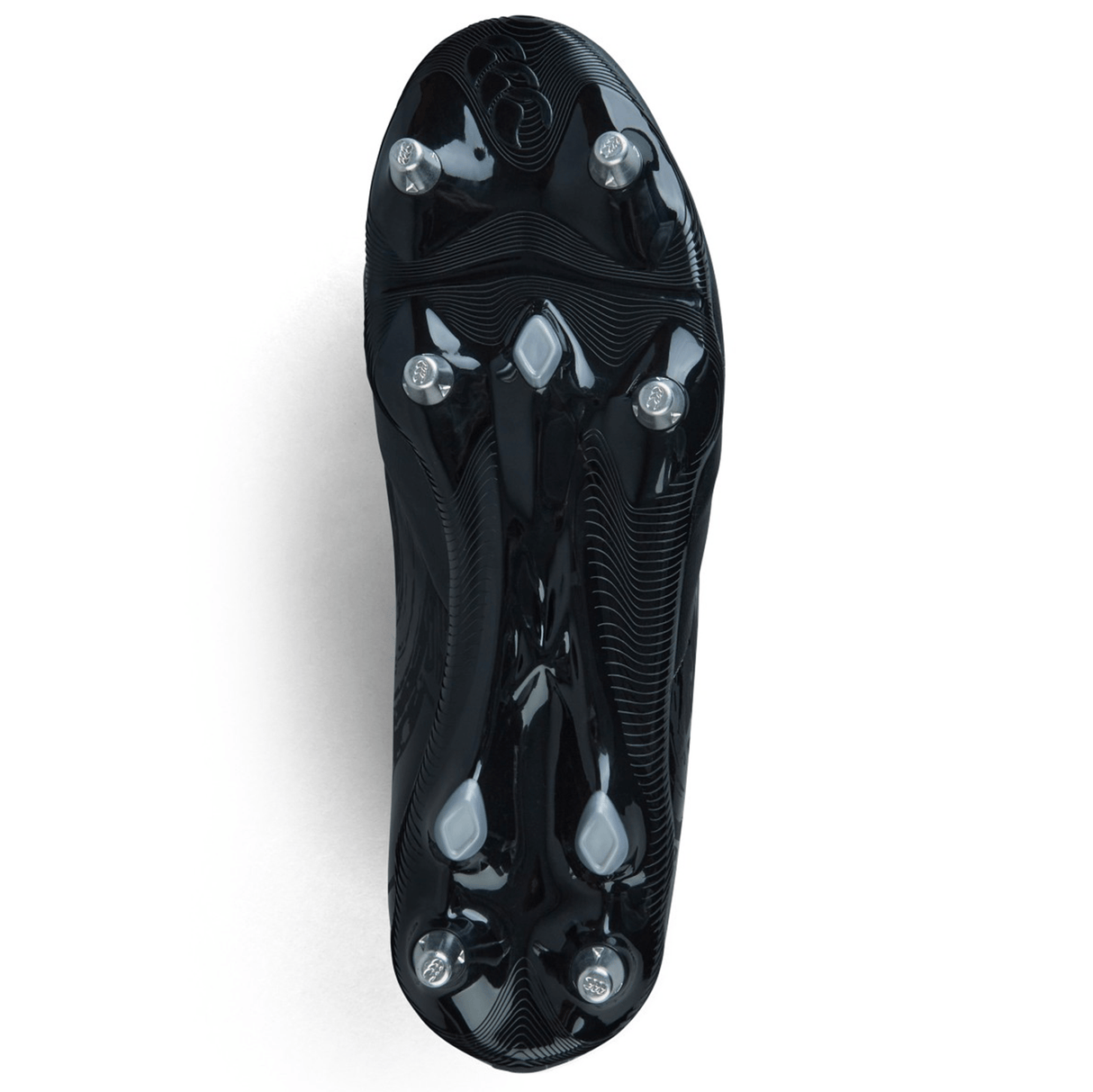 Introducing the Canterbury Phoenix Genesis Team SG - Black/Silver Metallic, a high-performance Soft Ground Rugby Boot that features a black outsole with six metallic studs for exceptional durability.