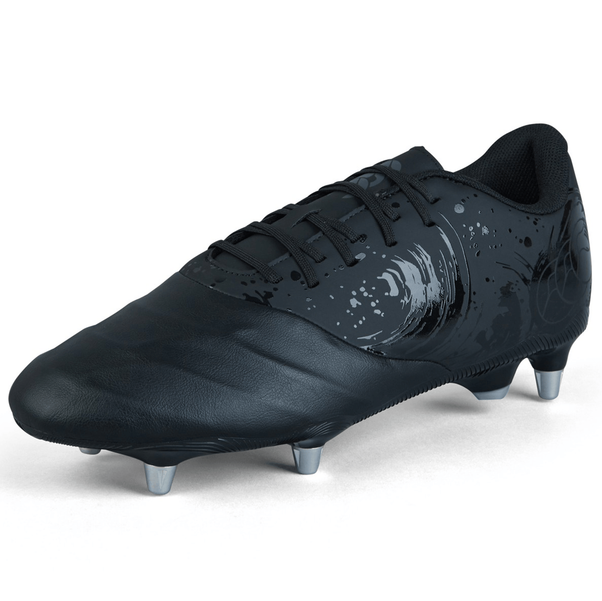 The Canterbury Phoenix Genesis Team SG - Black/Silver Metallic soccer cleat, featuring metallic silver studs and a subtle wave design on the side reminiscent of a classic rugby boot by Canterbury, is displayed on a white background.