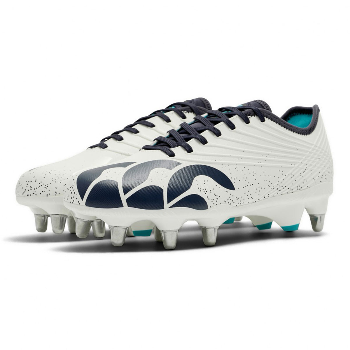 Step onto the pitch with confidence in the Canterbury Stampede Groundbreak Pro SG rugby boots in White/Baltic Green, featuring a textured upper, metallic studs, and distinctive black wave-like accents—perfect for forwards seeking secure traction and durability in every scrum.