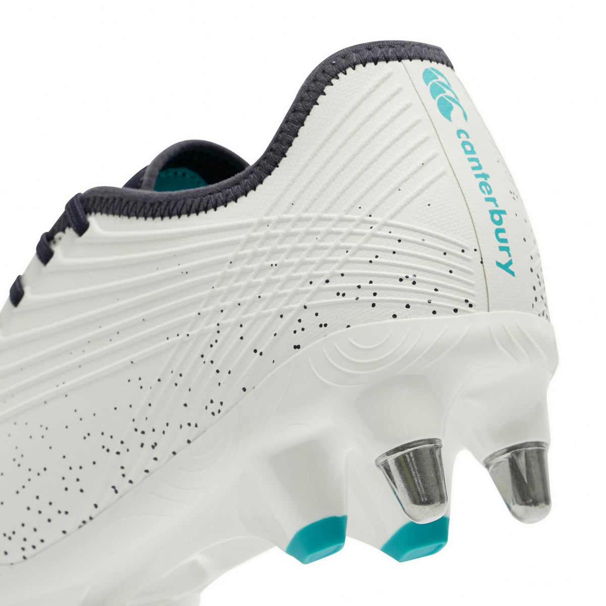 Close-up of the Canterbury Stampede Groundbreak Pro SG rugby boot in white and Baltic Green, featuring metal studs, Baltic Green and black accents, and the iconic Canterbury logo on the heel—ideal for players seeking reliable soft ground rugby boots.