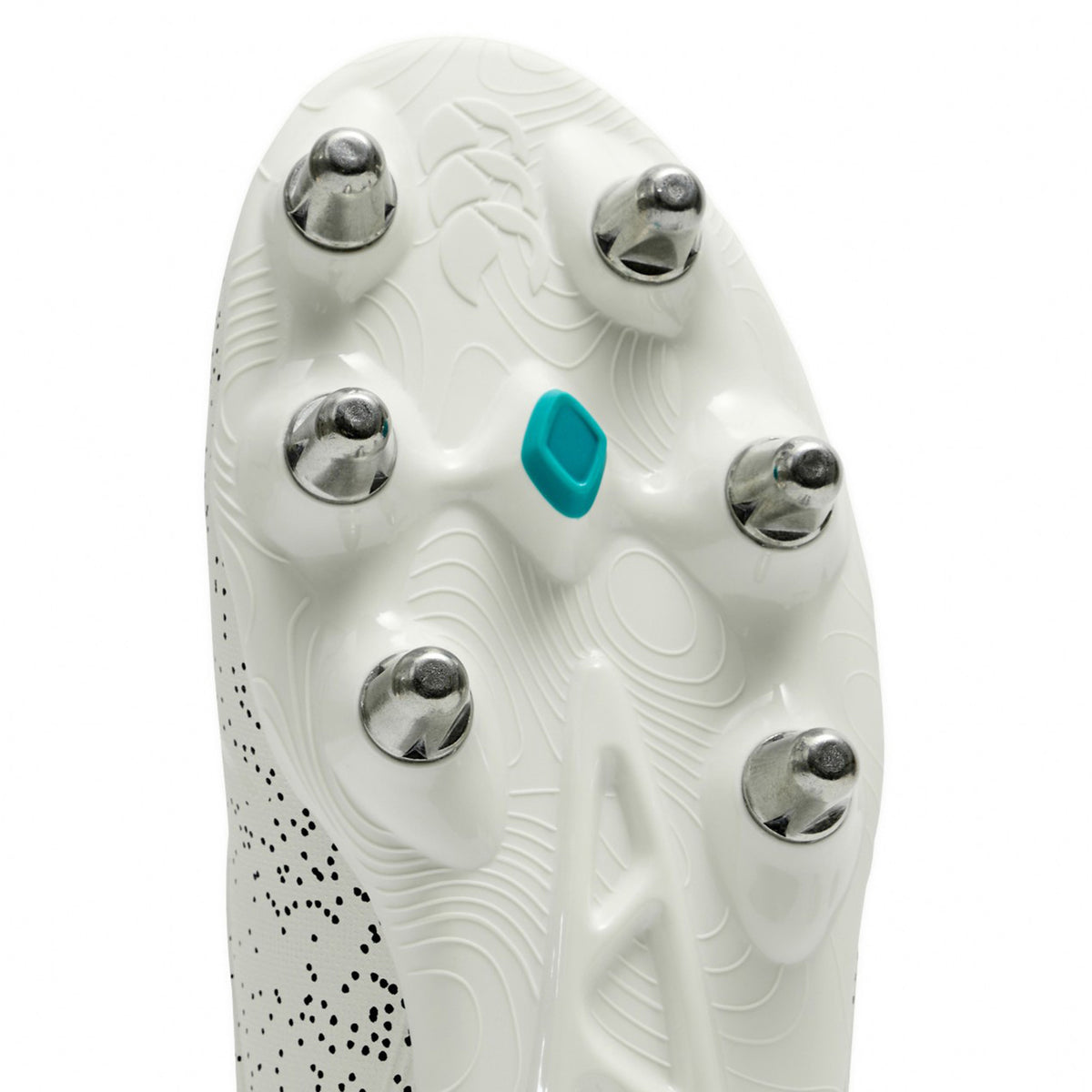 Close-up of the white sole of the Canterbury Stampede Groundbreak Pro SG rugby boot by Canterbury, featuring six metal studs and a teal hexagonal detail in the center, resembling those typically found on soft ground boots.