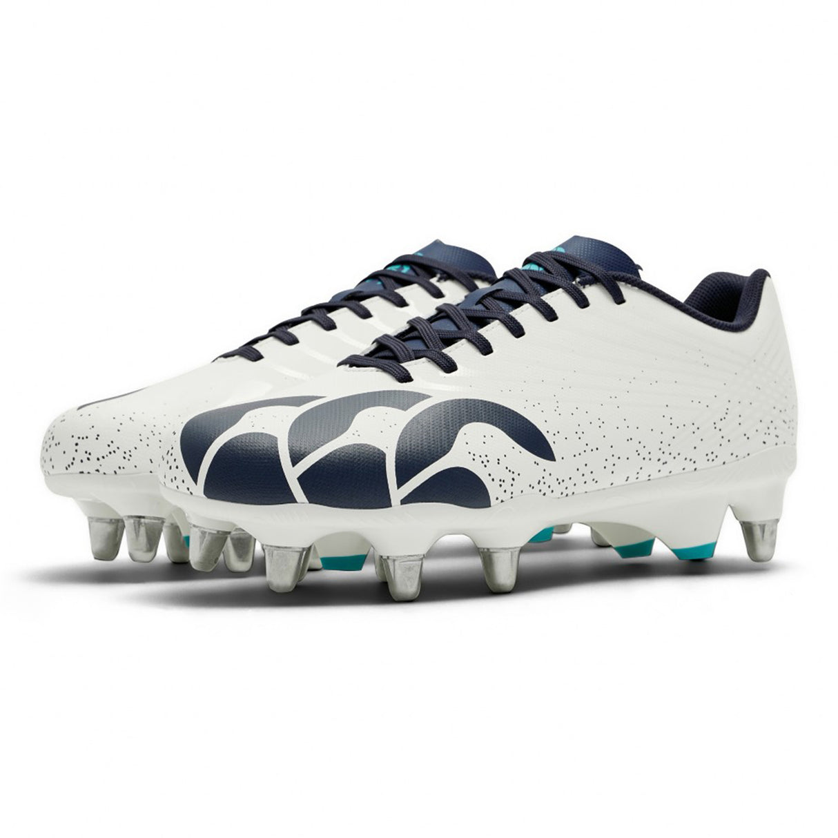 Introducing the Canterbury Stampede Groundbreak Team SG rugby boots by Canterbury—crafted for forwards in a striking white and Baltic green colorway. These boots feature bold wave accents, contrasting laces, and robust metal studs on the soles to deliver outstanding traction on soft ground.