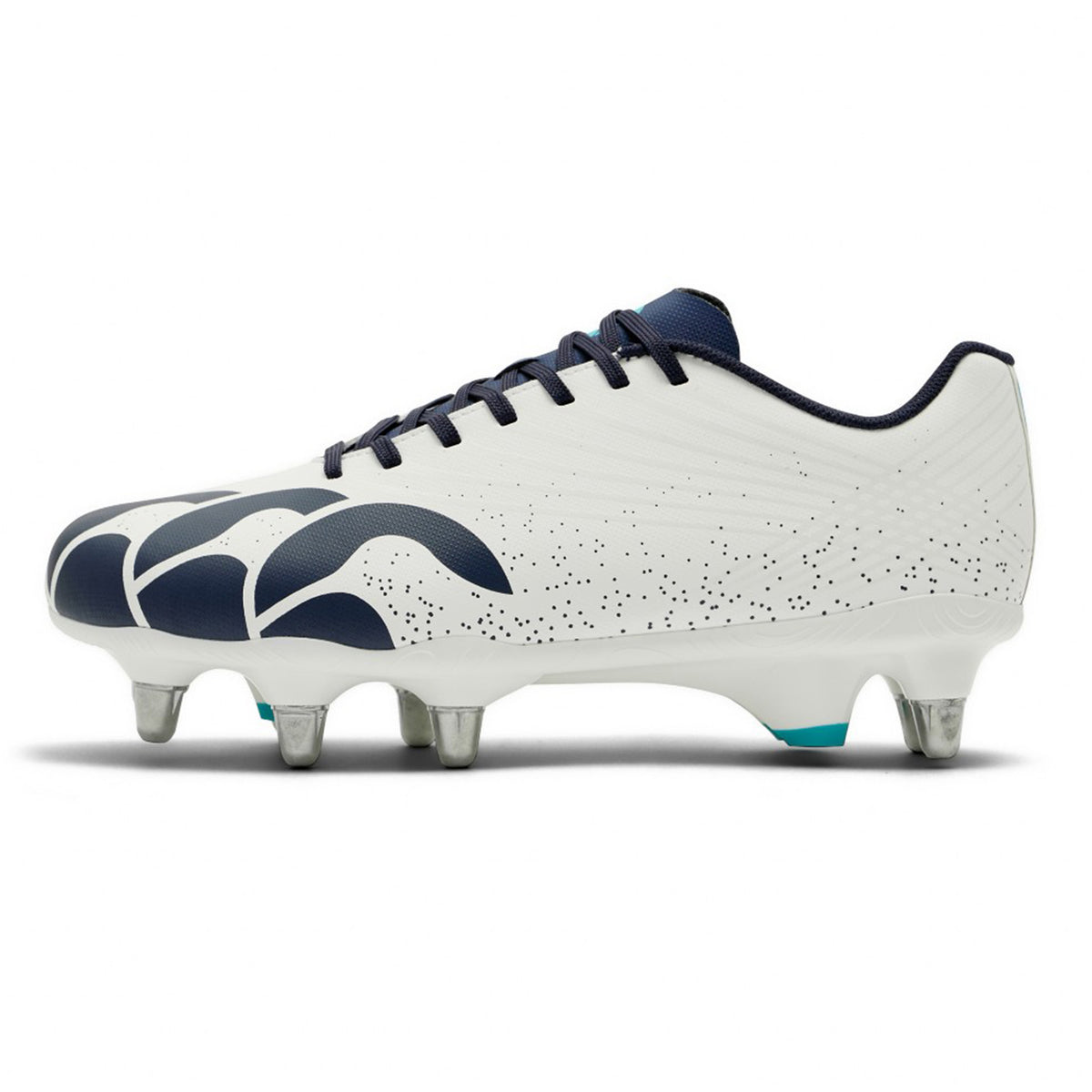 The Canterbury Stampede Groundbreak Team SG in White/Baltic Green is a soft ground rugby boot with metal studs, featuring a wave-like design and speckled pattern on the side. Photographed on a white background, this boot is ideal for forwards seeking superior traction and power.
