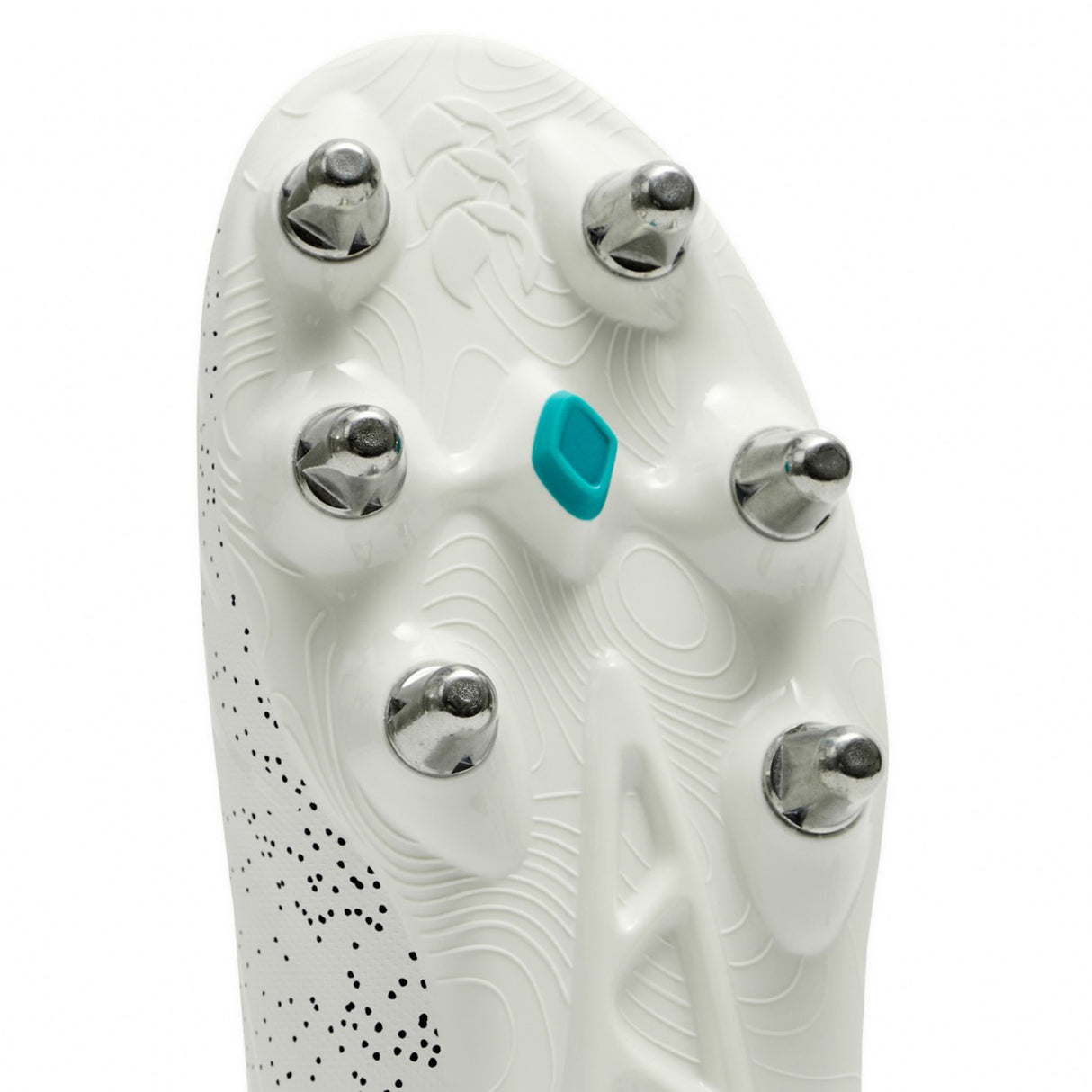 Close-up of the sole of the Canterbury Stampede Groundbreak Team SG rugby boot in white and Baltic Green, featuring six metal studs, a central turquoise accent, and black speckled patterns with textured lines—crafted by Canterbury for aggressive forwards seeking high performance on soft ground.