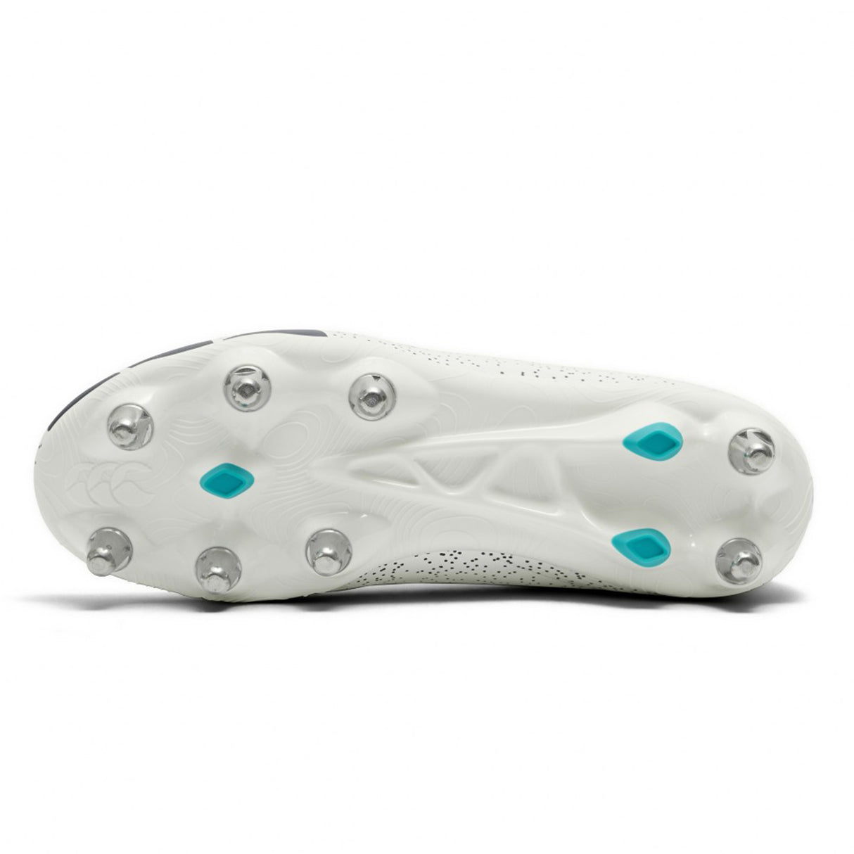 The sole of the Canterbury Stampede Groundbreak Team SG rugby boot in white and Baltic Green, featuring eight metal studs and four Baltic Green accents, designed for soft ground and perfect for forwards, set against a plain background.