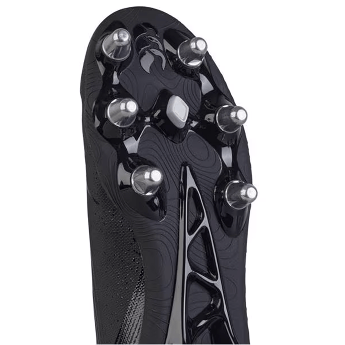 A close-up of a black football boot sole shows the Canterbury Stampede Performance Stud Pack design, featuring six metal studs in a circular pattern.
