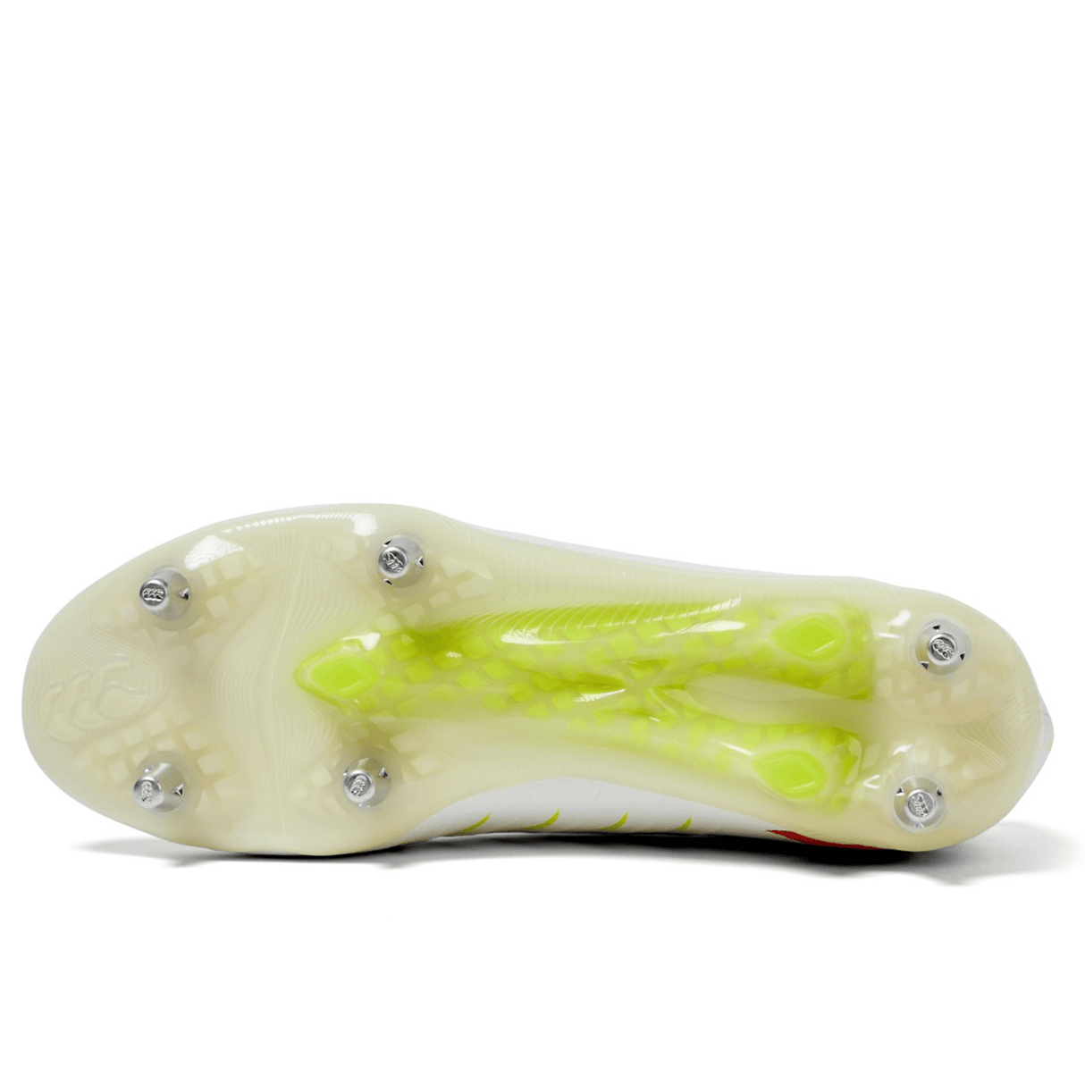 The Canterbury Phoenix 2.0 Elite SG - Snow White/Tangerine Tango features a white sole with six metal studs and striking tangerine accents, delivering a blend of style and performance on soft ground.
