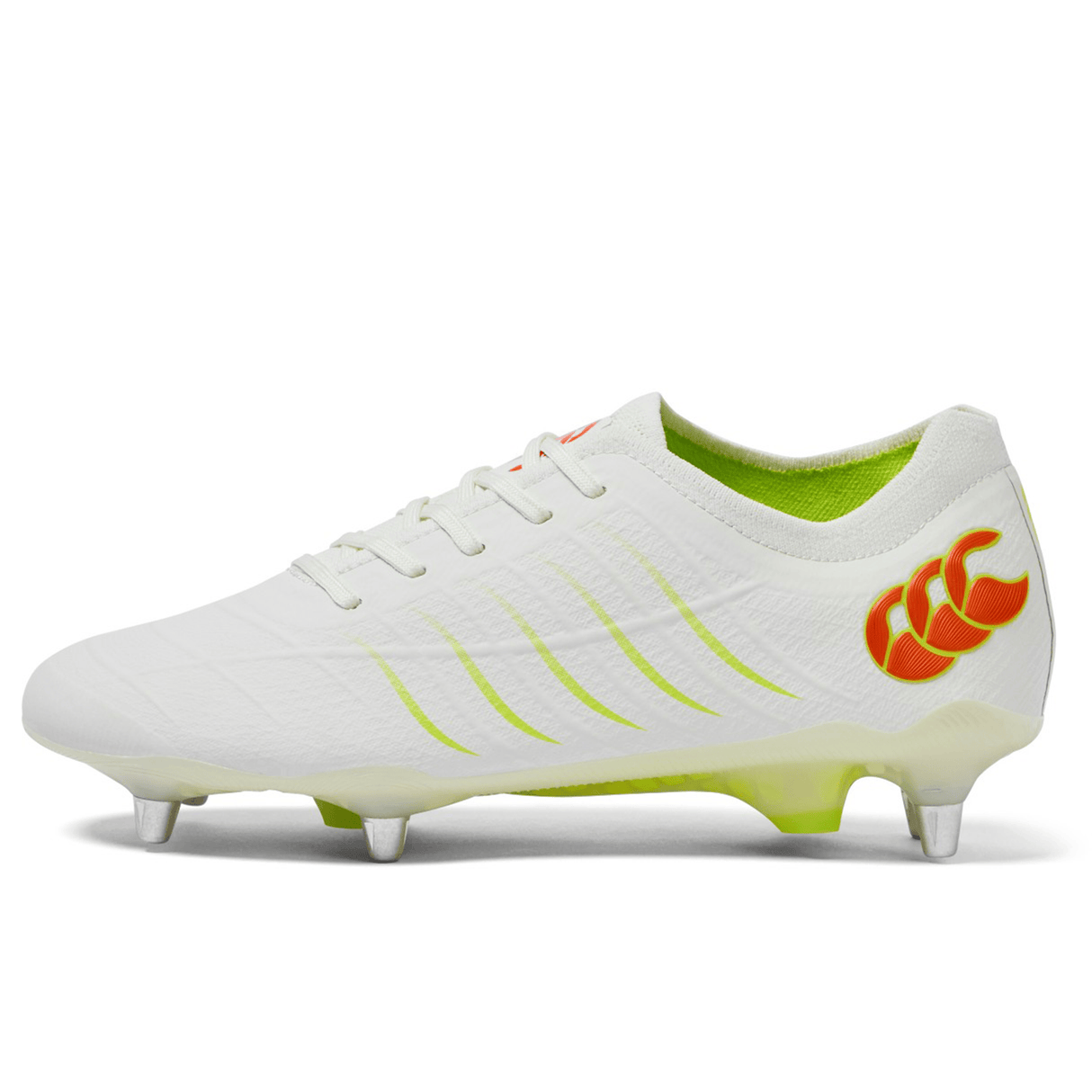 The Canterbury Phoenix 2.0 Elite SG in Snow White/Tangerine Tango features metal studs, yellow accents, and an orange heel logo—shown in a side profile on a plain background—making it ideal for soft ground performance.