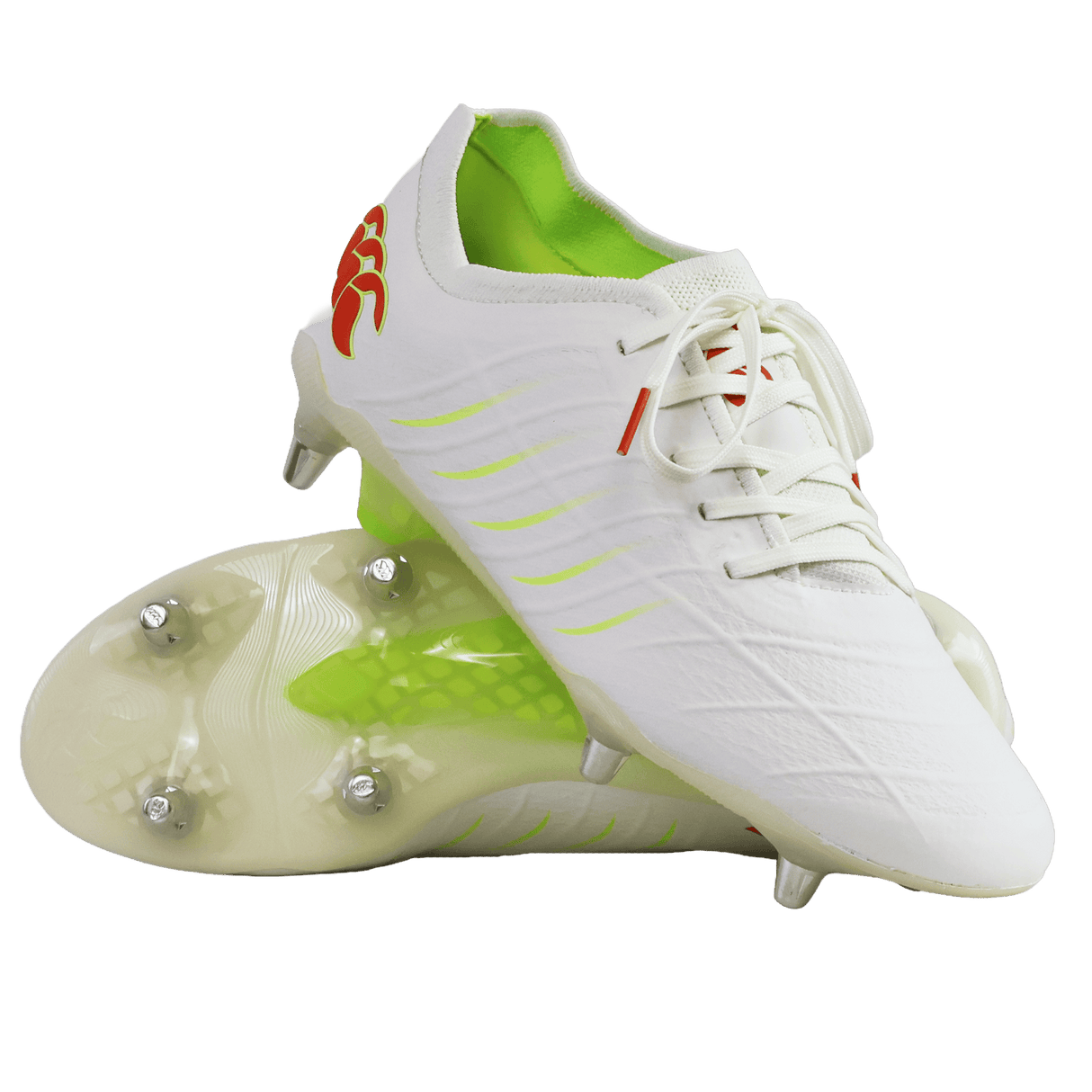 The Canterbury Phoenix 2.0 Elite SG rugby boots in Snow White/Tangerine Tango feature neon green lining, red accents, and metal studs, and are displayed on a plain white background.