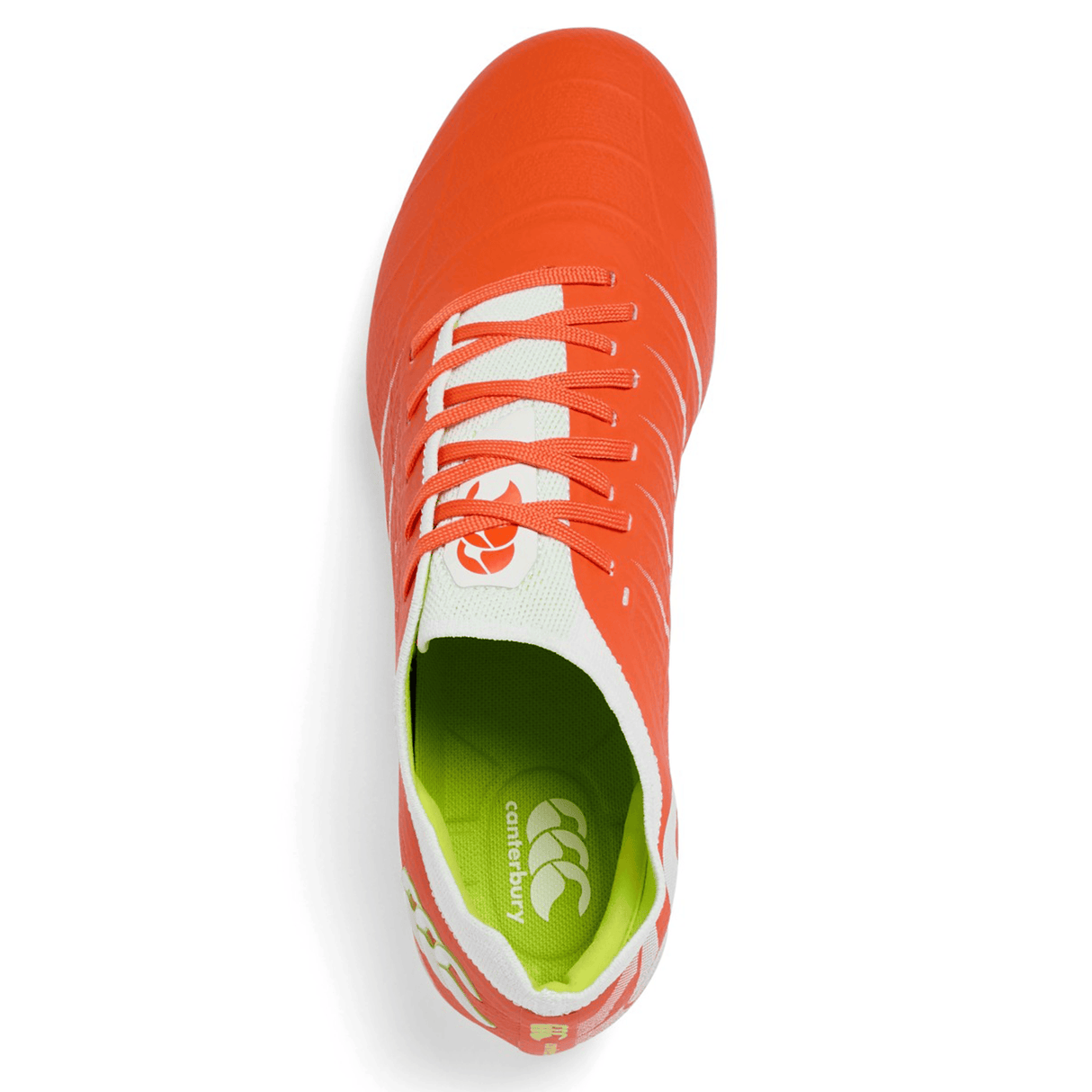 A top view of the Canterbury Phoenix 2.0 Elite SG rugby boot in Tangerine Tango/Snow White, featuring laces, a lime green inner lining, and a visible Canterbury logo on the insole.