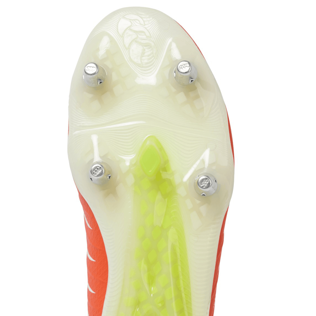 Close-up of the Canterbury Phoenix 2.0 Elite SG rugby boot sole, featuring four metal studs and a textured, translucent design with tangerine tango and snow white accents—ideal for soft ground play.