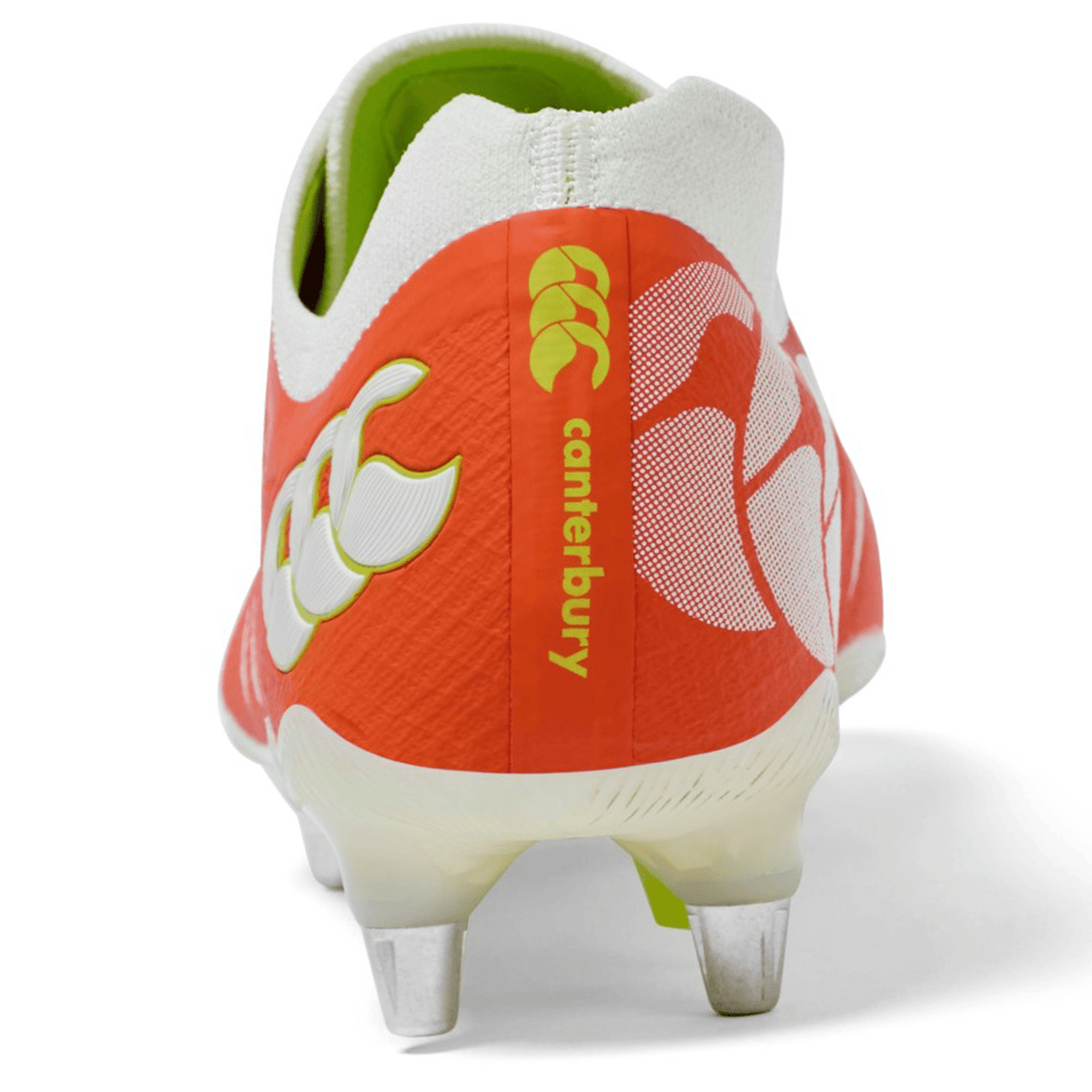 Rear view of the Canterbury Phoenix 2.0 Elite SG rugby boot in Tangerine Tango/Snow White with metal studs and Canterbury branding on the heel.
