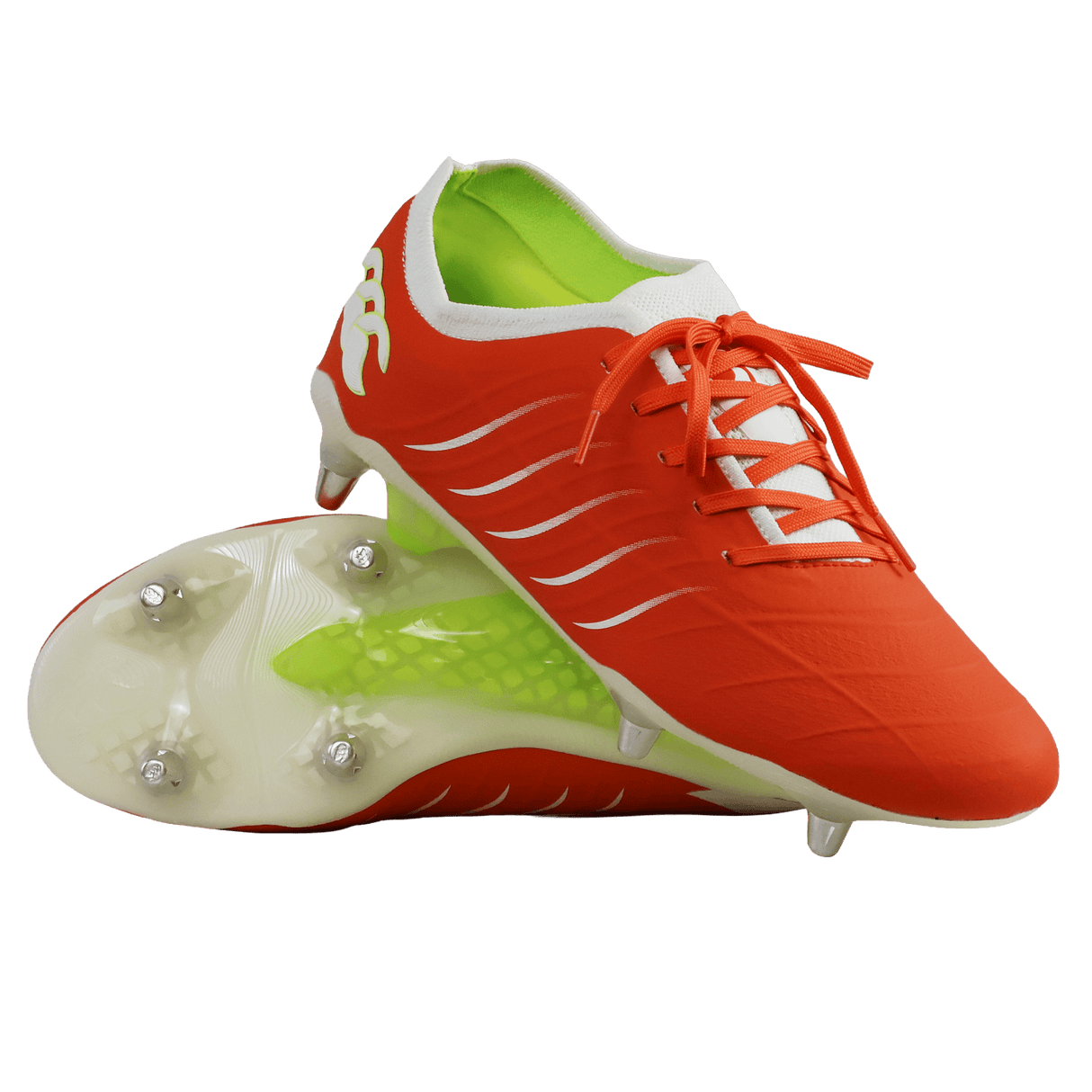 The Canterbury Phoenix 2.0 Elite SG rugby boots by Canterbury in Tangerine Tango/Snow White feature metal studs for top traction and vibrant orange and white-green accents, shown here on a white background.
