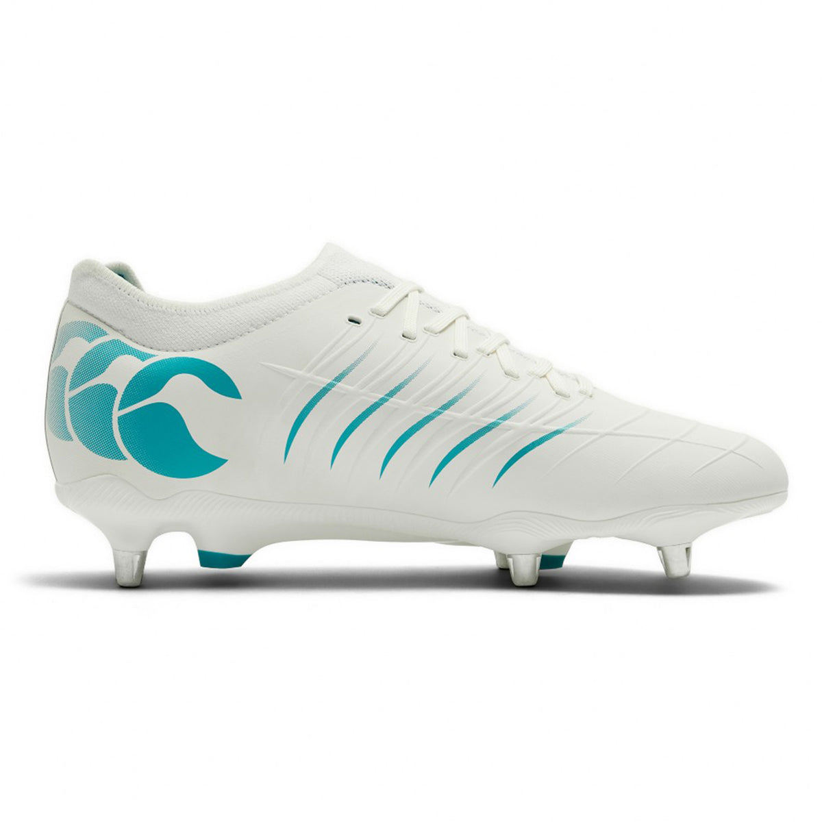 The Canterbury Phoenix 2.0 Pro SG - White/Baltic Green rugby boot features a striking white upper with Baltic Green accents, logo, laces, and stripes, plus four metal studs on the sole. Viewed from the side, these Canterbury boots are ideal soft ground rugby boots for forwards seeking both performance and style.
