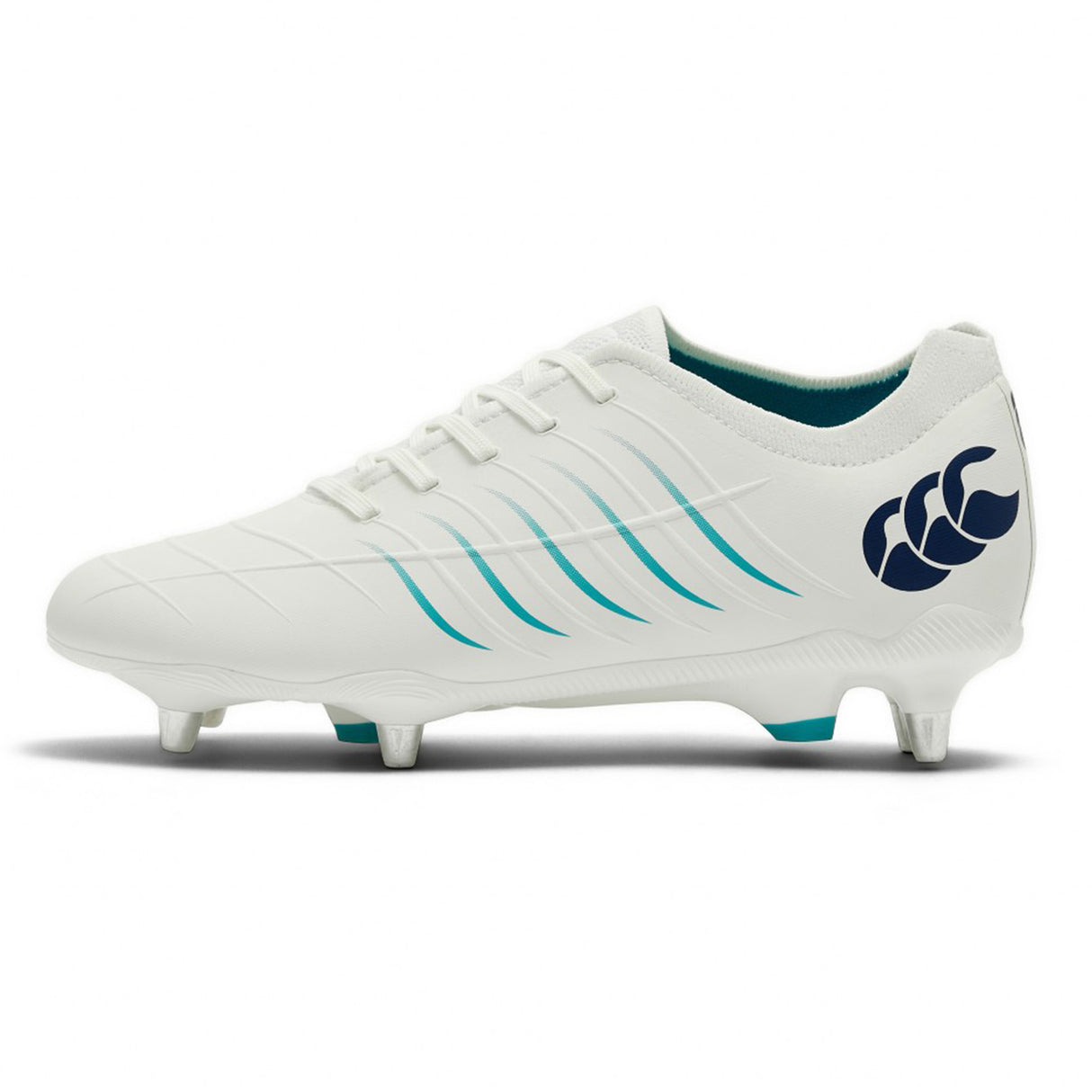 The Canterbury Phoenix 2.0 Pro SG rugby boot in White/Baltic Green features a striking teal and blue wave design, laces, and four metal studs on the sole. Shown in profile against a white background, these soft ground boots are an ideal choice for forwards seeking both style and high performance.