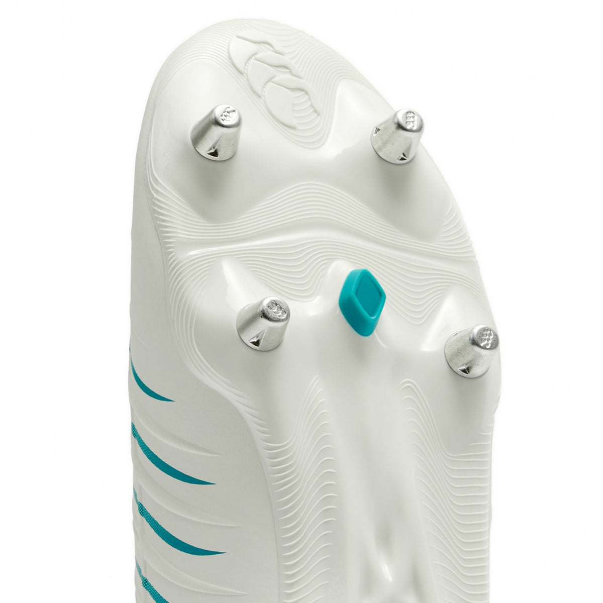 Close-up of a white Canterbury Phoenix 2.0 Pro SG - White/Baltic Green sole, featuring four metal studs and a Baltic Green accent, highlighting the tread pattern and partial upper—ideal soft ground rugby boots by Canterbury for forwards who need superior grip and stability.