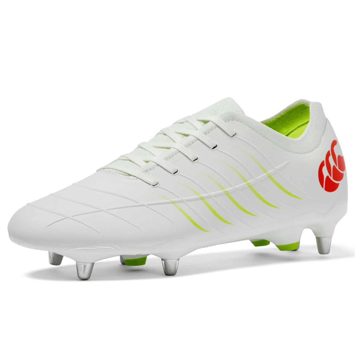 The Canterbury Phoenix 2.0 Pro SG - Snow White/Tangerine Tango rugby boots by Canterbury, shown on a plain white background, are ideal for players seeking reliable soft ground performance.