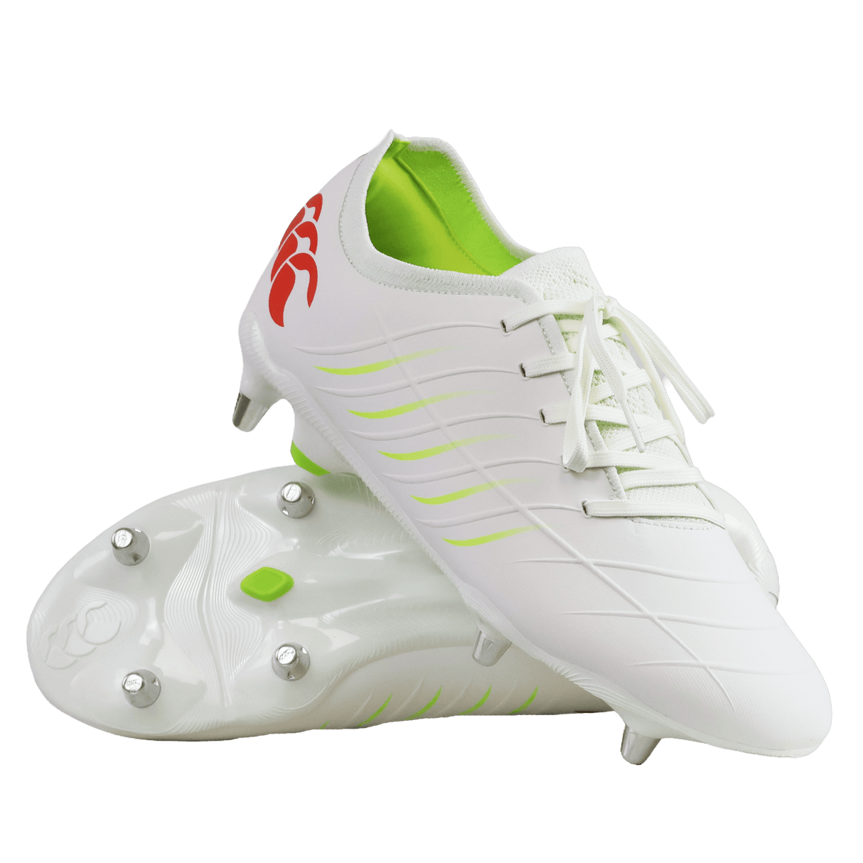 The Canterbury Phoenix 2.0 Pro SG rugby boots in Snow White/Tangerine Tango feature green accents, metal studs, and a red logo on the heel, shown against a white background.
