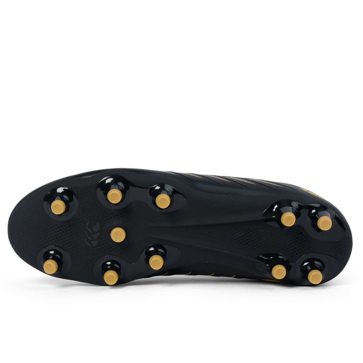 Canterbury Phoenix 2.0 Pro FG - Black soccer cleat viewed from the sole, featuring eight gold-tipped studs and textured grip patterns for lightweight power and optimal traction on firm ground surfaces.