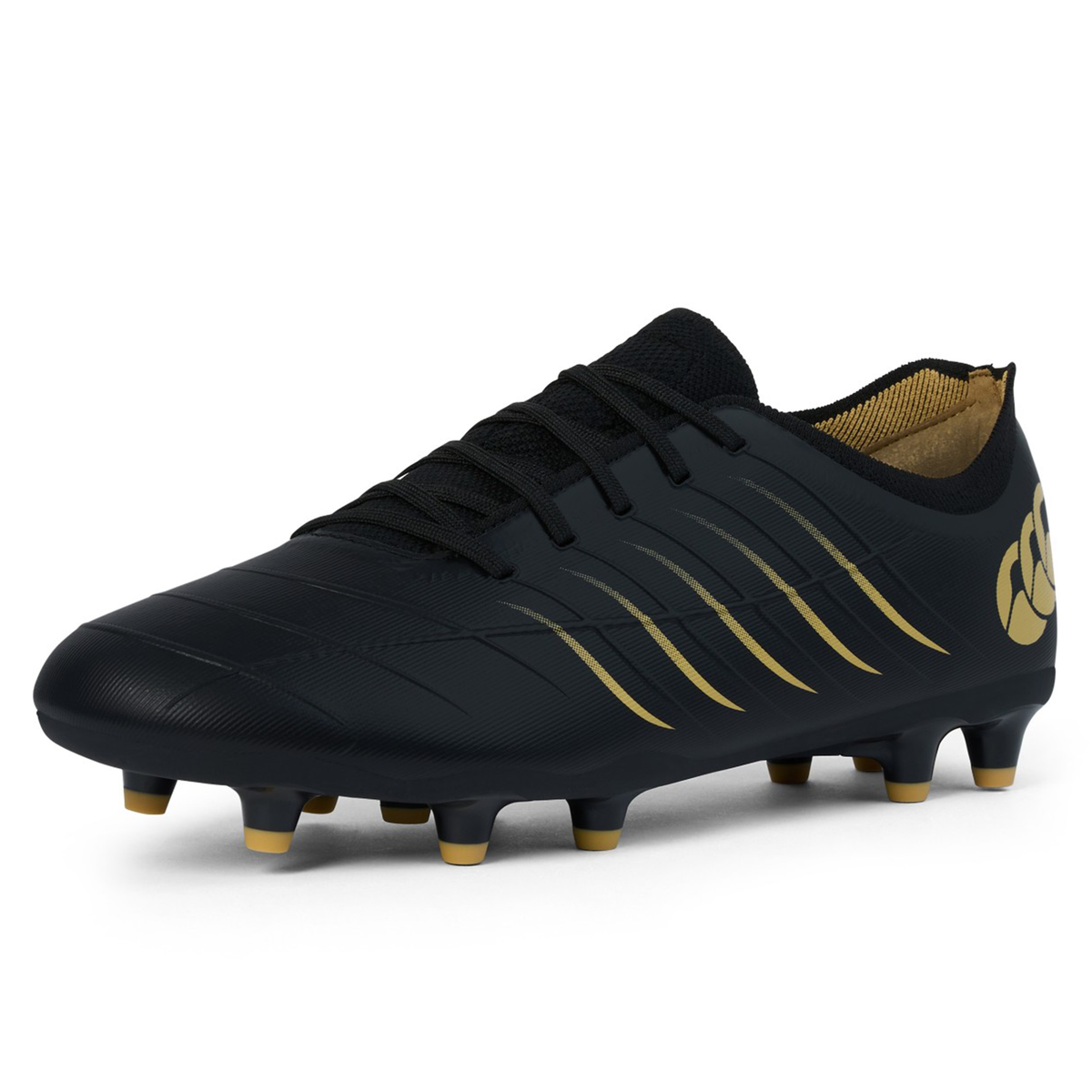 The Canterbury Phoenix 2.0 Pro FG - Black by Canterbury is a black and gold firm ground soccer cleat featuring laces, gold accents, and molded studs on the sole for lightweight power, shown against a white background.